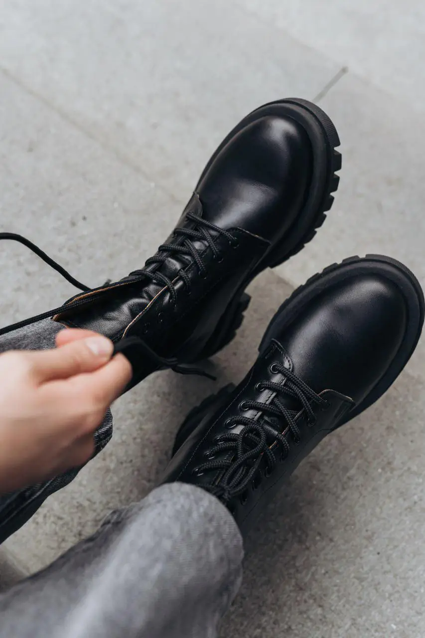 Handmade Black Leather Work Boots Lace Up Combat